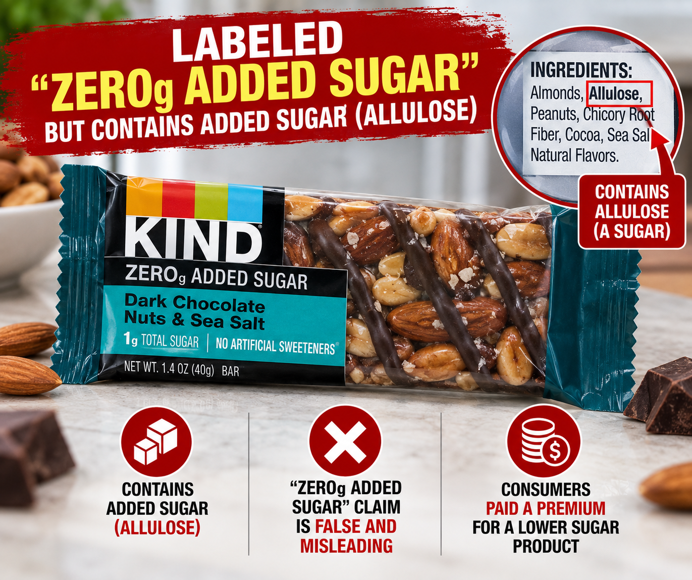 KIND Named in Class Action Lawsuit Alleging Its Zero Added Sugar Nut Bars Misleadingly Contained Added Allulose Despite “ZEROg ADDED SUGAR” Labeling